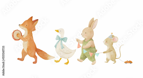 Fotografie Watercolor parade of cute forest animals with balloons and instruments, perfect for nursery art, baby shower invitations, and kids' party decor