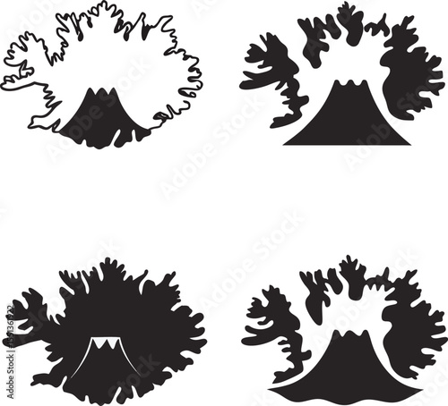 Stylized black and white volcano set minimalist design mountain and nature vector graphics for decorative and conceptual usage