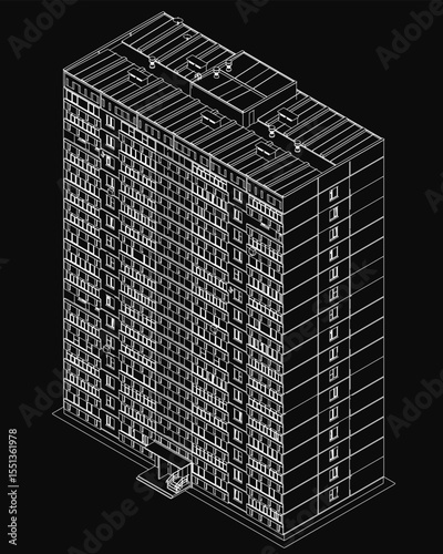A tall black and white building with numerous windows stands prominently against a dark background, featuring clean contour lines and a minimalist architectural style.