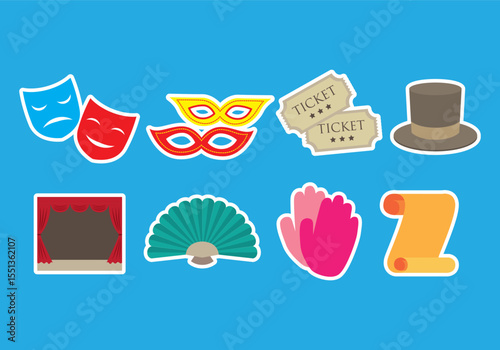 Collection of versatile theater and performance icons featuring stage spotlight and audience elements for design projects