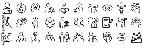 Leadership and Teamwork Line Icons Set – Business Collaboration, Management, and Human Resources Symbols.