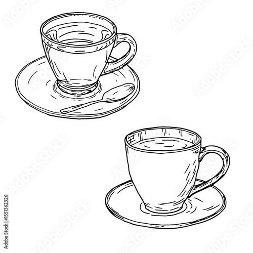 Porcelain mugs with tea, black and white ink sketch. Vector illustration. A set of coffee mugs and a spoon, isolated on a white background. The theme of cuisine, cooking, cafes and restaurants