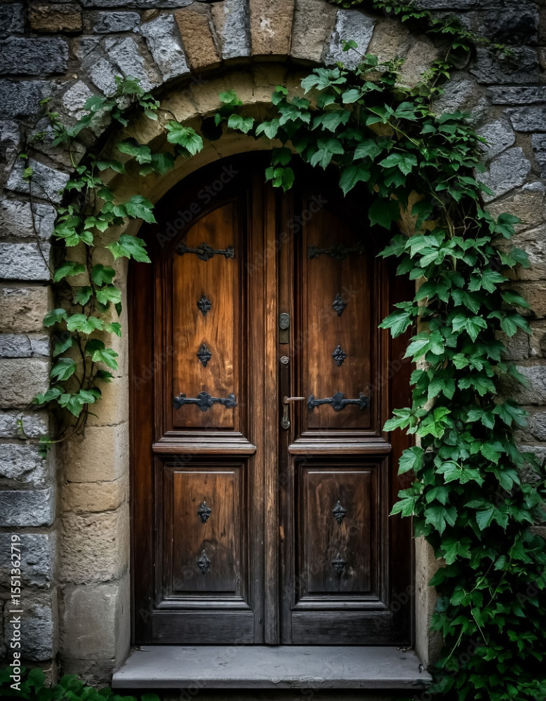 Fototapeta premium A wooden door in a stone wall is entwined with green plants.
