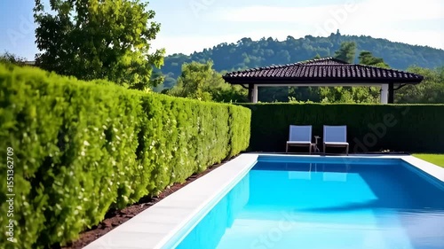 Serene poolside scene featuring vibrant turquoise water, verdant green hedges, chairs, and a shaded gazebo on a bright summer day.