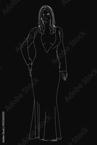 A woman in a sleek black dress stands against a dark background, her flowing gown featuring a high neckline and long sleeves. Her hair is elegantly pulled into a bun, and her soft expression.