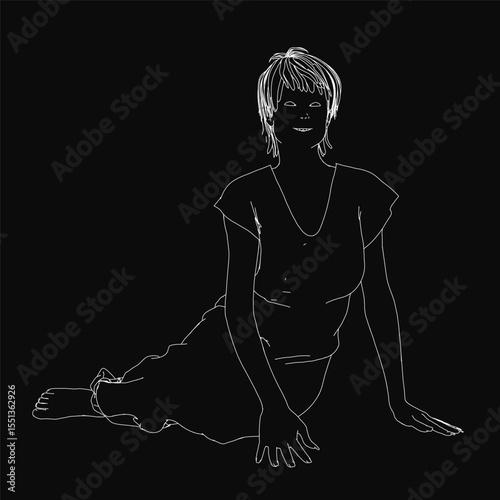 A young smiling woman with short hair lies on the ground, propping herself up with her arms while wearing a dress. Minimalist black and white vector illustration with clean white outlines on a dark.