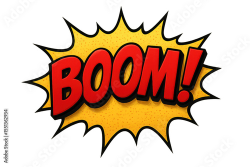 Comic book explosion depicting forceful boom text bursting outward, conveying dramatic impact with vivid graphic design against transparent background