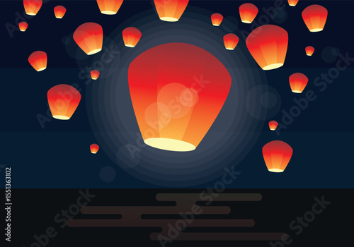 Vibrant illustration of a traditional taiwanese sky lantern festival illuminating the night with colorful glow