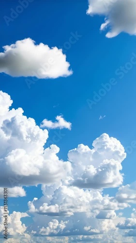 White cumulus clouds float against a bright blue sky on a sunny day, creating a peaceful and serene atmosphere.