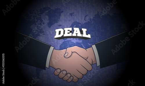 Vector dark banner. Male handshake and 3d inscription, deal. Pixel world map. Treaty and agreement. Political economic poster. Contract