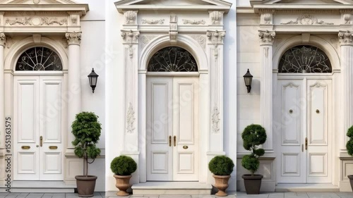 Three ornate white entry doors with arched windows, columns, and decorative molding on the facade of a classic style building.