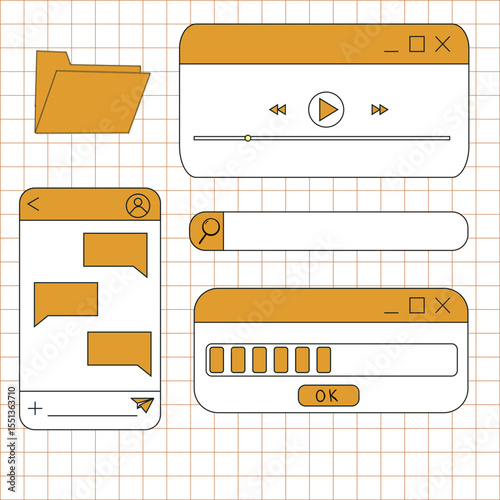 Retro window browser frame y2k interface doodle old border, chat or dialog box, player search box. Desktop ui screen vintage aesthetic. 