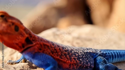 Close-up shot of a colorful agama lizard resting on a rock in natural sunlight, showcasing its vibrant red head and blue body scales, against a blurred landscape.