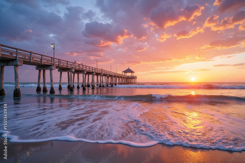 Fototapeta premium Vibrant sunrise paints the sky with pink and orange hues. Gentle waves caress the sandy beach, a pier with buildings stands in the calm sea.