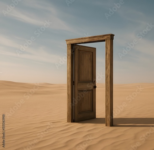 Surreal Wooden Door in Desert, Minimalist Concept of Opportunity, Isolation, and Choice
