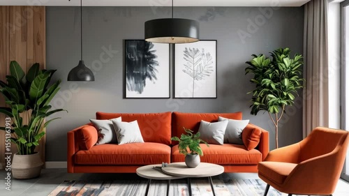 Modern living room with orange sofa and armchair, featuring plants, artwork, and natural light, creating a cozy and stylish atmosphere.