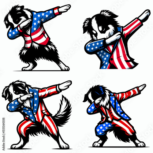 Australian Shepherd Dog. Dabbing Independence Day 4th of July American Flag Patriotism Usa Funny Clipart Line Art Vector Illustration. Herding canine breed intelligence agility active.
