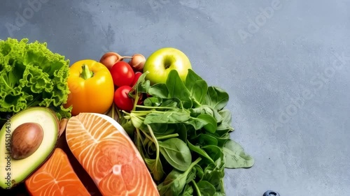 Assortment of Fresh Vegetables, Fruits, and Fish on Gray Surface for a Balanced Diet