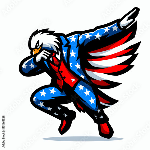 bald eagle flying. Dabbing Independence Day 4th of July American Flag Patriotism Usa Funny Clipart Line Art Vector Illustration. symbol airborne a bird prey soars in the sky wing motion.