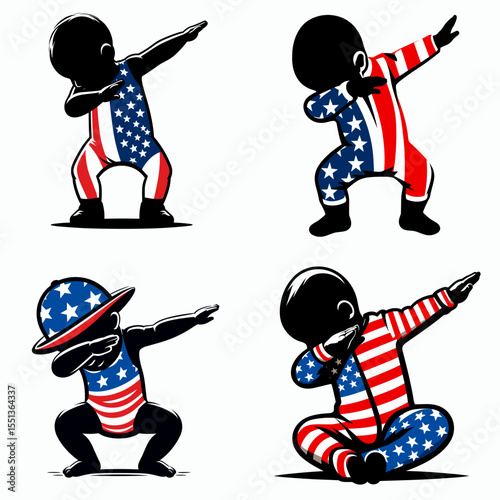 baby. Dabbing Independence Day 4th of July American Flag Patriotism Usa Funny Clipart Line Art Vector Illustration. Infant a young human kid neonate early life phase childhood little.