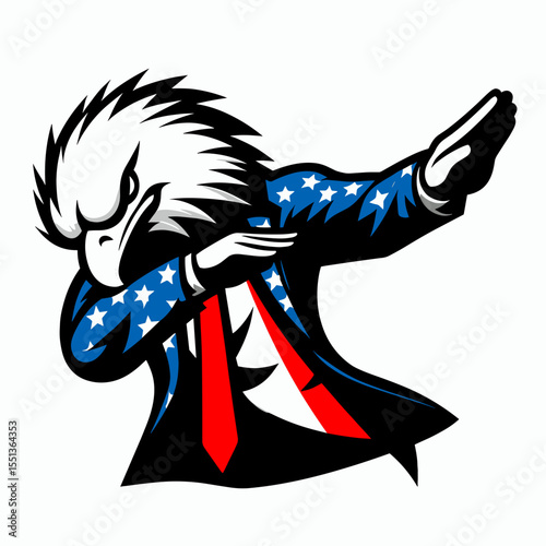 bald eagle laugh. Dabbing Independence Day 4th of July American Flag Patriotism Usa Funny Clipart Line Art Vector Illustration. bird vocalization a high-pitched chuckle sound from raptor.