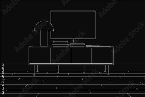 A black and white contour drawing of a vintage television on a wooden table, surrounded by scattered books and a classic lamp. The dark background enhances the mysterious atmosphere of the room.