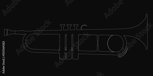 Contour drawing of a trumpet in bold black and white, featuring clean lines and elegant curves against a dark background. The minimalist design highlights the instrument's iconic shape with striking.