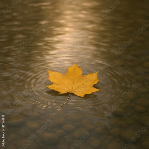 Yellow Autumn Leaf Floating on Calm Stream with Ripples and Pebbles, Minimal Nature Background for Change and Serenity Concepts