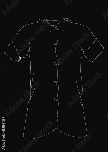 A black and white line drawing of a shirt with a clean contour stands out against a dark background. The shirt-like silhouette is sharply outlined in white, creating bold contrast.