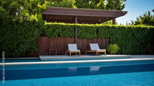 Luxury backyard with private swimming pool, lounge chairs, well-manicured greenery, brown wooden fence, and modern house, on a clear bright sunny day.
