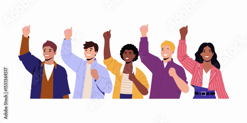 Diverse Group of Happy Young Adults Celebrating Success with Raised Hands