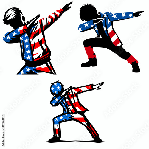 boy. Dabbing Independence Day 4th of July American Flag Patriotism Usa Funny Clipart Line Art Vector Illustration. Young male child human kid youth offspring person the sun family.