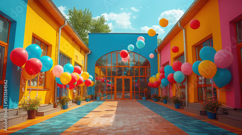 A brightly decorated school with balloons and colorful facades welcomes students on the first day of school, creating an atmosphere of joy and celebration for children and parents