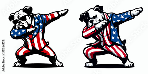 Bulldog Dog. Dabbing Independence Day 4th of July American Flag Patriotism Usa Funny Clipart Line Art Vector Illustration. Stout canine breed information lovable companion at home.