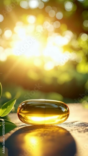 Shiny Golden Capsule on a Stone Surface with Green Foliage and Sunlight