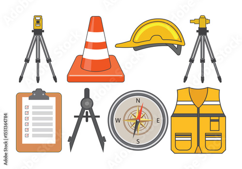 Professional vector graphic design featuring a surveyor s equipment and tools for land measurement and mapping projects