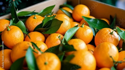 Abundance of fresh tangerines with leaves displayed in a cardboard container for sale in a market