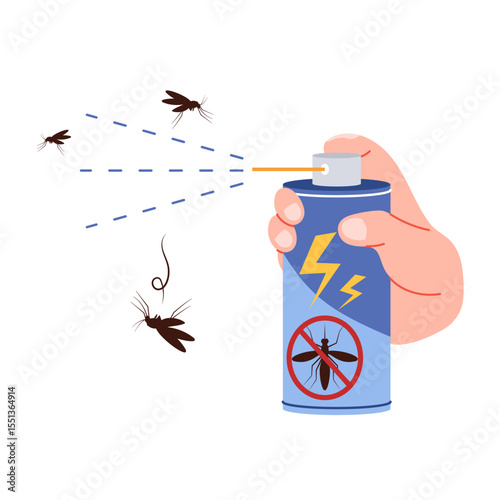 Killing a mosquito with insecticide spray. Hand holding insecticide.