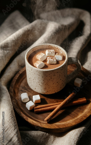 A warm mug of hot chocolate topped with marshmallows sits on a wooden plate alongside cinnamon sticks