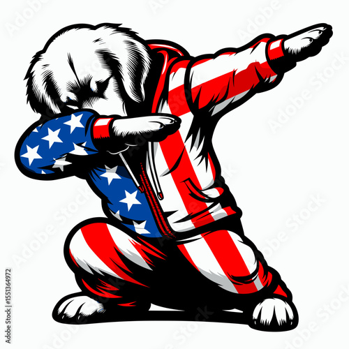 Golden Retriever Dog. Dabbing Independence Day 4th of July American Flag Patriotism Usa Funny Clipart Line Art Vector Illustration. Canine pet breed info gentle family hound guide and care.