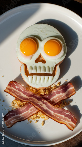 A creatively arranged breakfast features a skull made from sunny-side-up eggs and a slice of meat, with crossed bacon strips beneath to resemble a playful take on a pirate flag.