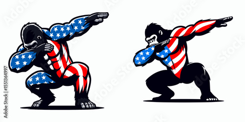 Gorilla. Dabbing Independence Day 4th of July American Flag Patriotism Usa Funny Clipart Line Art Vector Illustration. Huge ape knowledge and details this mammal great jungle creature.