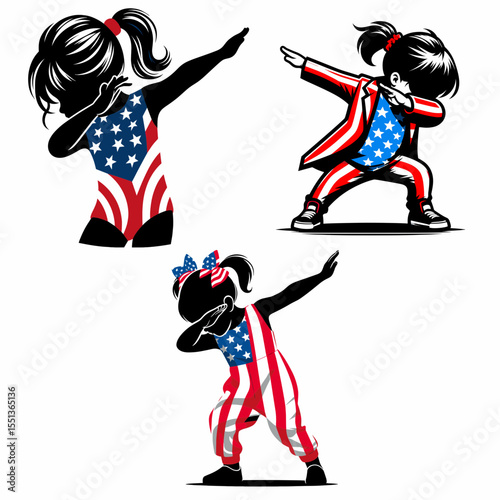 little girl. Dabbing Independence Day 4th of July American Flag Patriotism Usa Funny Clipart Line Art Vector Illustration. Young female child kid fun childhood activity family play.