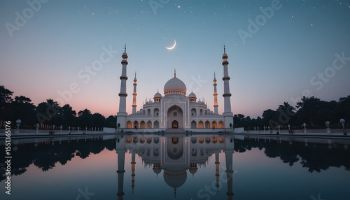 Landscape A White Mosque Radiates Light, Perfectly Mirrored in the Water Below