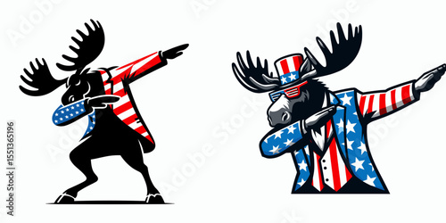 Moose. Dabbing Independence Day 4th of July American Flag Patriotism Usa Funny Clipart Line Art Vector Illustration. Big northern woods cervid a wildlife mammal the deer kin type.