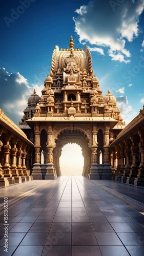 Ornate temple gateway with detailed carvings under a bright blue sky with passing white clouds leading to a pathway and luminous opening