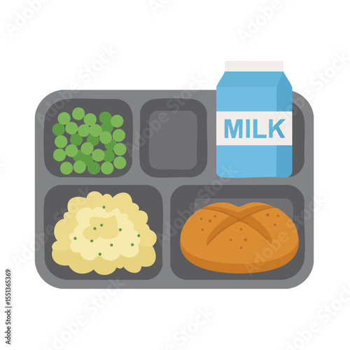School Lunch Tray with Mashed Potatoes and Milk, Flat Icon