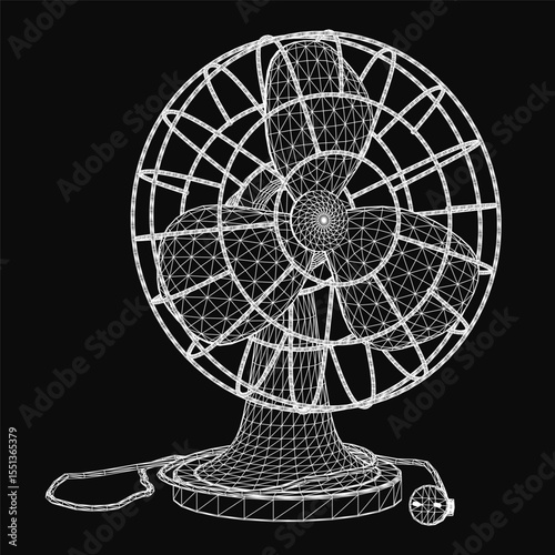 A 3D wireframe model of a desktop fan with realistic details, featuring a sleek black background for a modern aesthetic. The fan blades and base are clearly defined, creating a clean and professional.