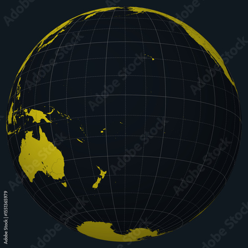 American Samoa on Globe. Country view on the world map in Charcoal Bright Yellow color palette. American Samoa shape on map. Globe with meridians, parallels, countries, rivers and lakes.