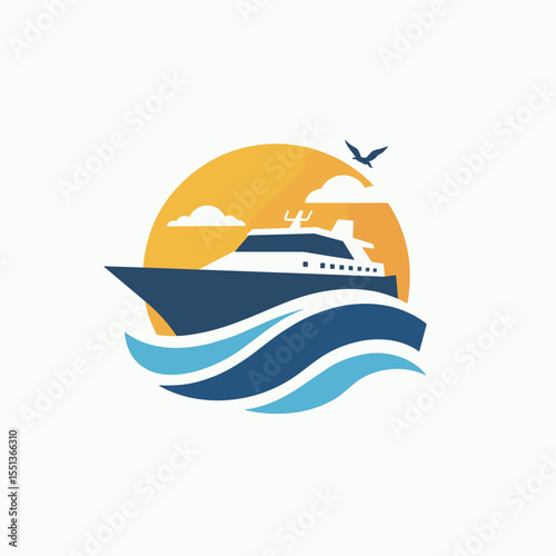 Flat vector illustration of cruise ship sailing over stylized waves with orange sunset and bird. Summer travel theme